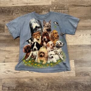 Vtg The Mountain Puppy Dog Graphic Tee Blue Animal Print Short Sleeve Mens Small